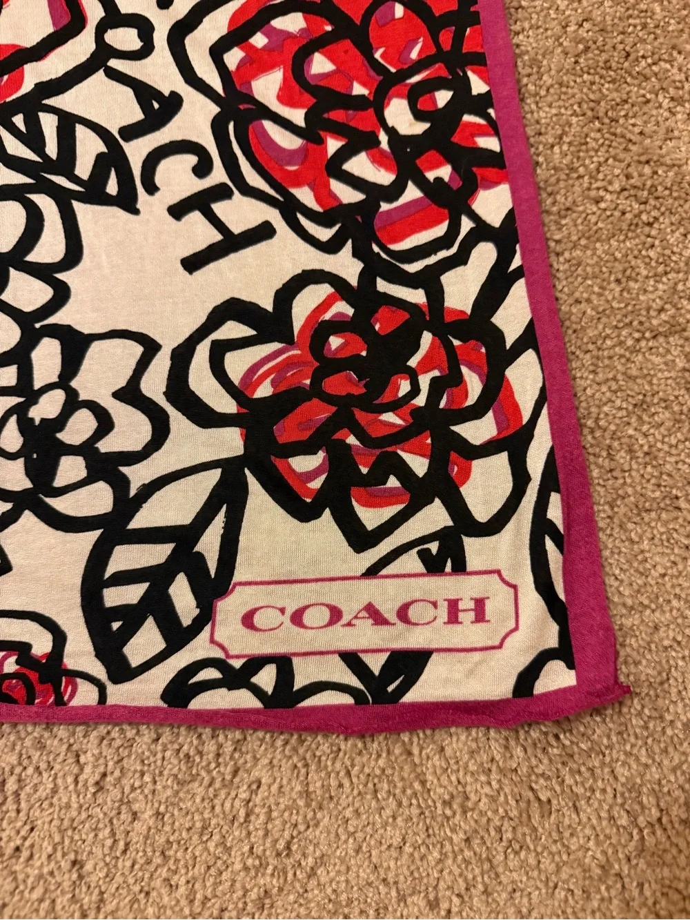 Coach Floral Logo Silk Scarf in White, Red & Black with Pink Trim